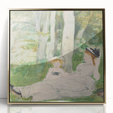 Large art print of a mid-century modernist style cityscape in cool gray and blue tones on canvas.