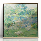 Large art print featuring a mid-century modernist abstract design in muted earth tones on canvas.