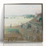 Mid-century modernist art poster featuring geometric shapes in muted orange and blue tones, ideal for nursery wall decor.