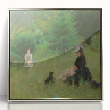 Mid-century modernist art deco poster featuring geometric shapes in muted blue and peach tones, ideal for nursery wall decor.