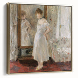 Landscape painting of a serene lake at dusk, featuring muted gray and blue tones on a framed poster.