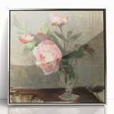 Mid-century modernist art print featuring geometric shapes in muted blues and oranges on canvas.