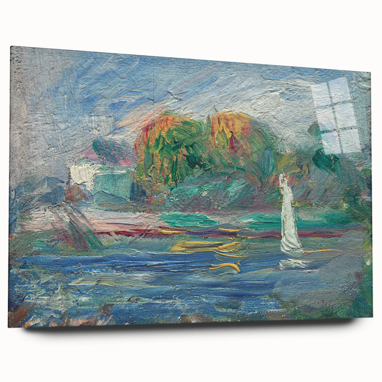 Large abstract wall art in vibrant blue and green hues on canvas, ideal for modern bedroom or dining room ambiance.