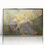 Mid-century modernist art deco poster with geometric shapes in muted tones, printed on canvas, suitable for nursery wall art.