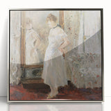 Mid-century modernist art print featuring geometric shapes in muted earth tones on canvas, suitable for nursery wall art.