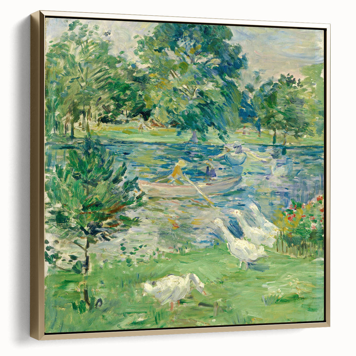 Landscape painting of a tranquil forest in muted green and black tones on canvas, suitable as wall art for a bedroom.