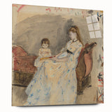 Large abstract wall art in vibrant blues and oranges on canvas, ideal for modern bedroom or dining room ambiance.