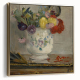 Landscape painting of serene mountains in muted earth tones on a framed canvas, ideal for bedroom wall decor.