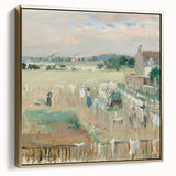 Landscape painting of serene hills in muted earth tones on a vintage poster, ideal for bedroom wall decor.