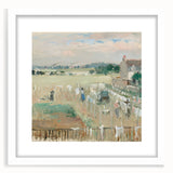 Abstract art print featuring swirling blue and gray tones on a canvas, suitable for modern dining room decor.