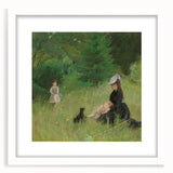 Abstract art print featuring swirling blue and gold patterns on canvas, suitable for dining room or bedroom decor.