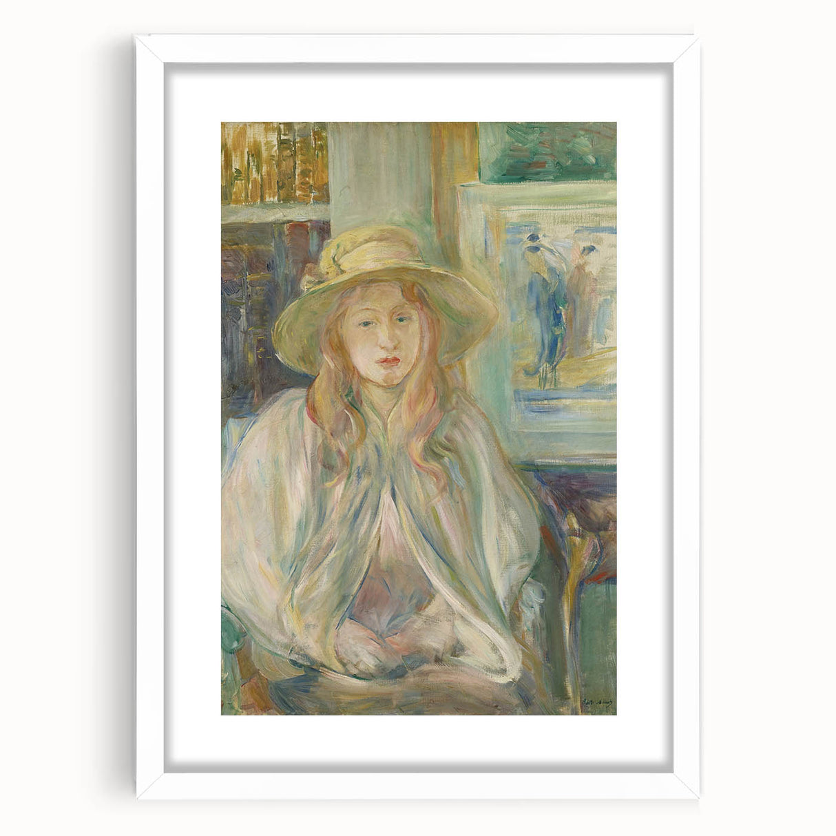 Abstract art print featuring swirling blue and white patterns on canvas, suitable for dining room or bedroom decor.