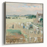 Landscape art painting featuring a vintage poster style with a black background and colorful floral elements.