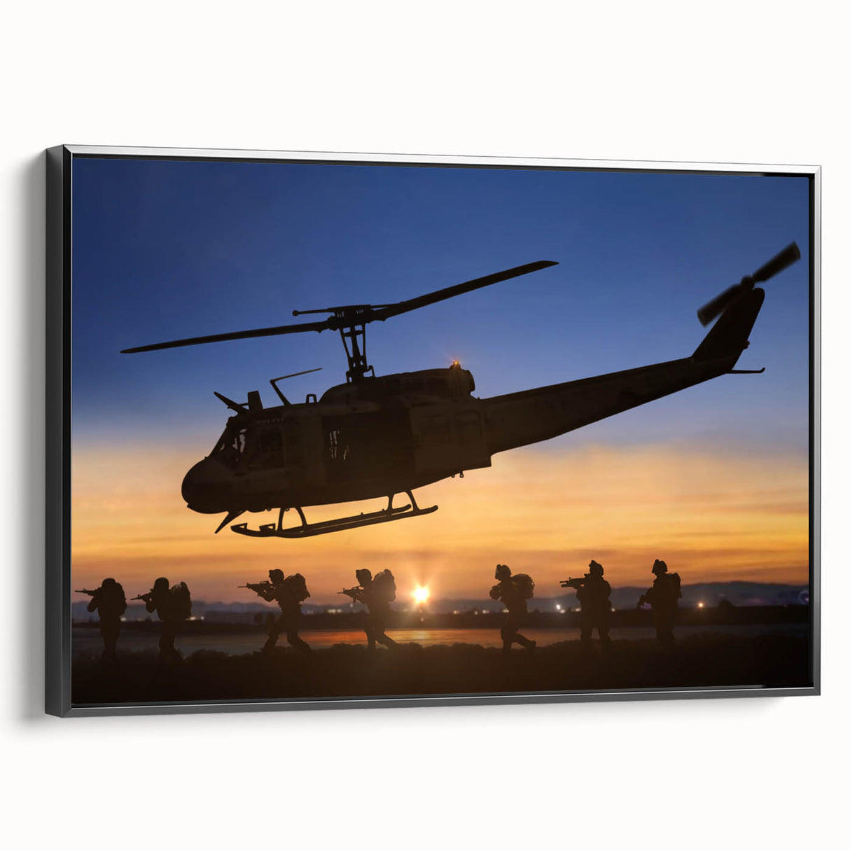 Landscape painting of a mountain at dusk in muted gray and black tones on a framed poster, ideal for bedroom wall art.