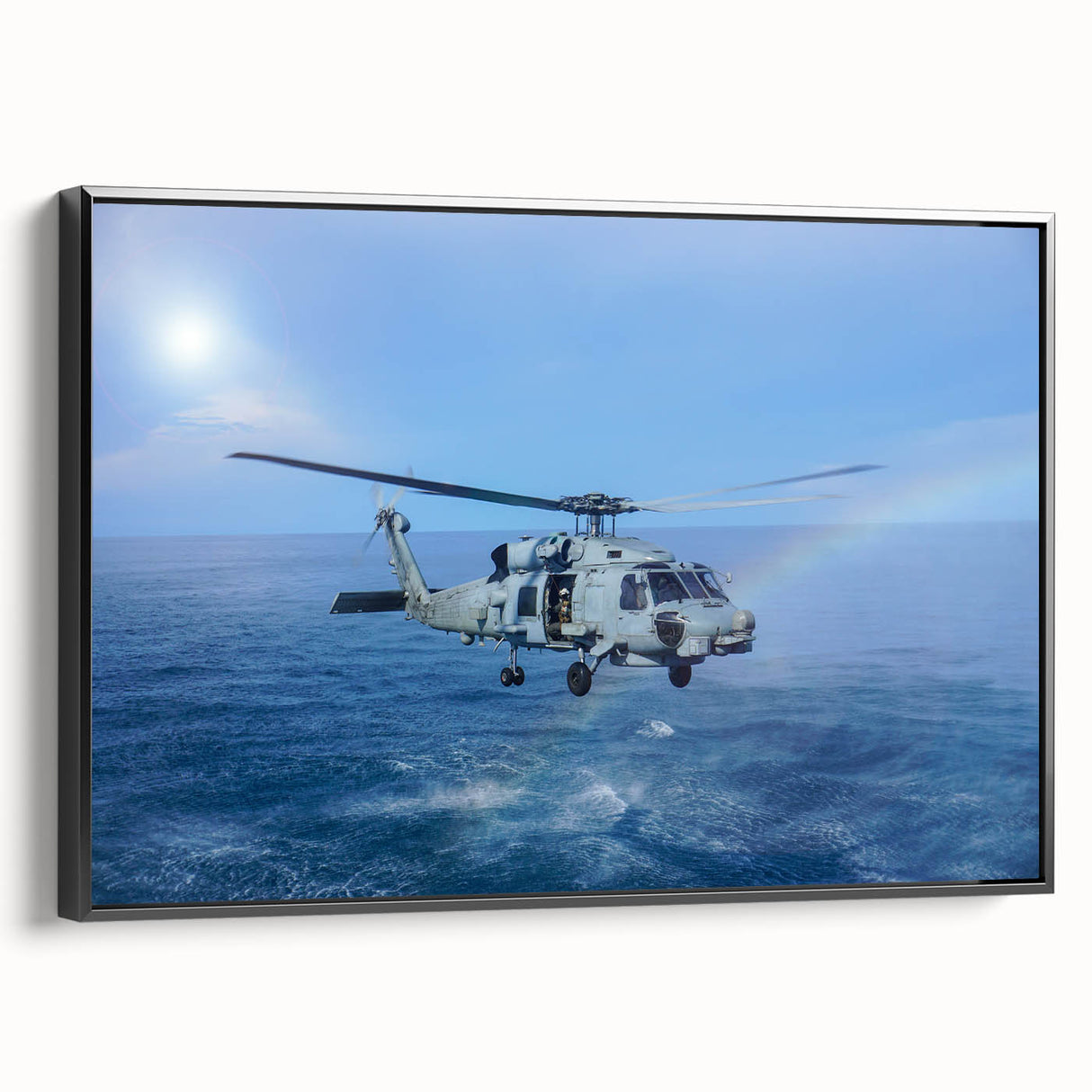 Landscape painting of serene mountains on a black background, framed poster, ideal for bedroom wall art.