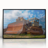 Large abstract wall art featuring geometric shapes in vibrant orange and teal, printed on canvas.