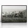 Large abstract wall art featuring swirling blue and gray tones on canvas, in a mid-century modernist style.