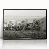 Large abstract wall art featuring swirling blue and gray tones on canvas, in a mid-century modernist style.