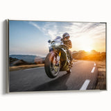 Landscape art painting of a colorful vintage car on a black background, printed on a framed poster.