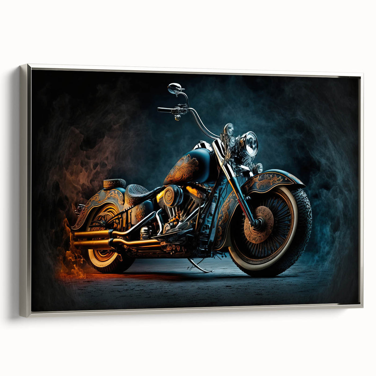 Landscape art painting featuring a vintage car on a colorful abstract background, printed on a black canvas.