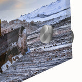 Large abstract wall art in mid-century modernist style, featuring swirling blue and gray tones on canvas.