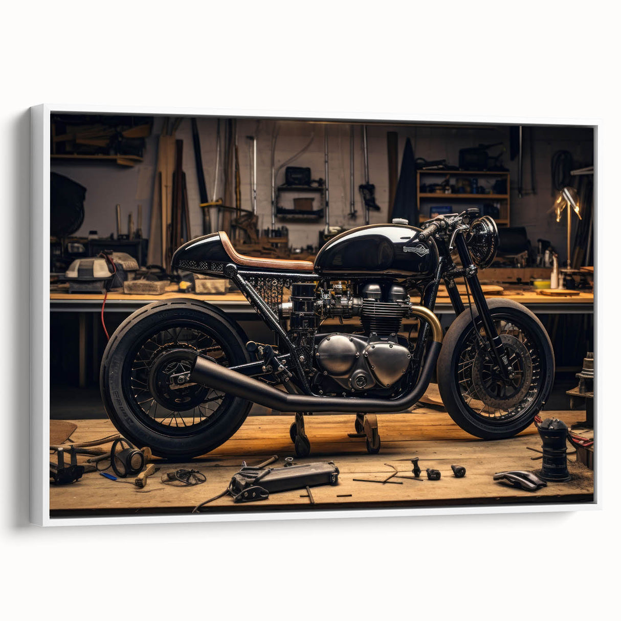 Vintage poster art featuring a classic car in vibrant colors on a black background.