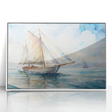 Large art print featuring a mid-century modernist style cityscape in muted earth tones on canvas.