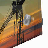 Large abstract wall art in mid-century modernist style, featuring vibrant orange and blue tones.