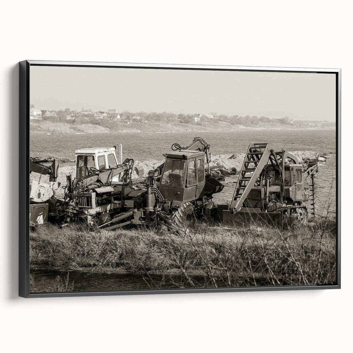 Black and white vintage poster art depicting a serene landscape, printed on canvas, ideal for bedroom wall decor.