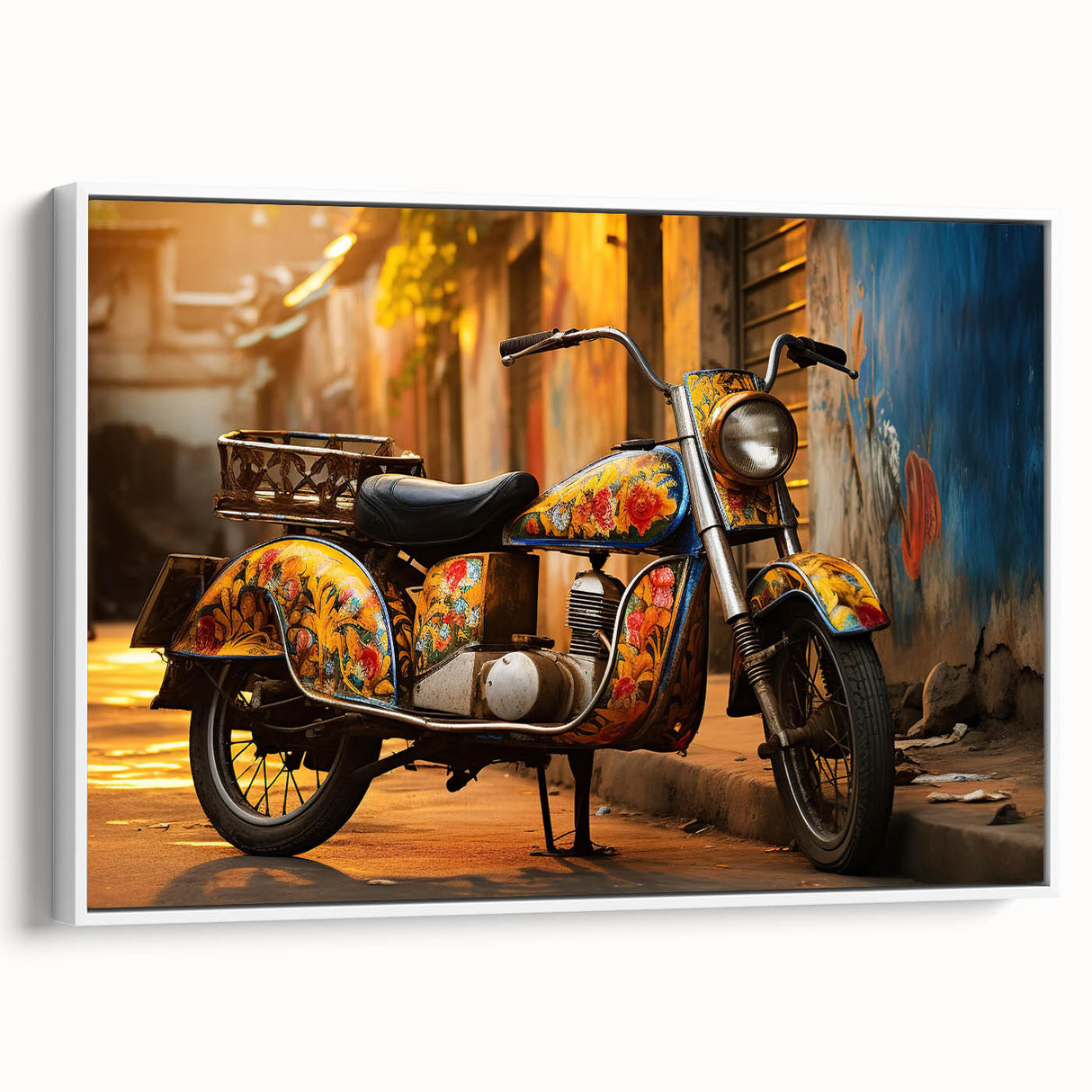 Vintage poster art of a classic car in vibrant colors on a black background, printed on extra large canvas.