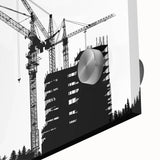 Large abstract wall art in mid-century modernist style with vibrant orange and blue tones on canvas.