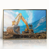 Mid-century modernist art print featuring abstract geometric shapes in earth tones on canvas.