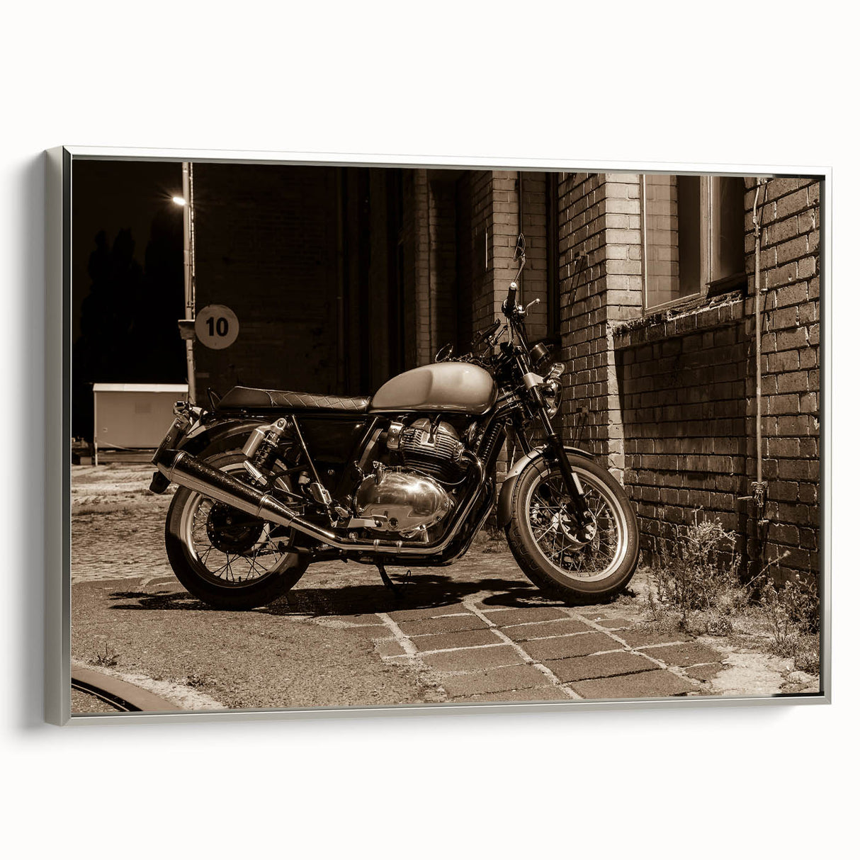 Landscape art painting depicting a vintage car in colorful hues on a black background, printed on a rolled canvas.