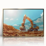 Large art print of a mid-century modernist style abstract cityscape in muted gray and blue tones.