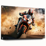 Large abstract wall art in vibrant orange and blue tones on canvas, suitable for bedroom or dining room decor.