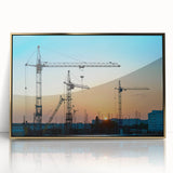 Large art print of a mid-century modernist cityscape in muted earth tones, ideal for modern art wall decor or a nursery.