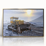 Large art print of a mid-century modernist cityscape in muted gray and blue tones.