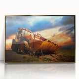 Mid-century modernist art print of abstract shapes in muted earth tones on a large canvas.