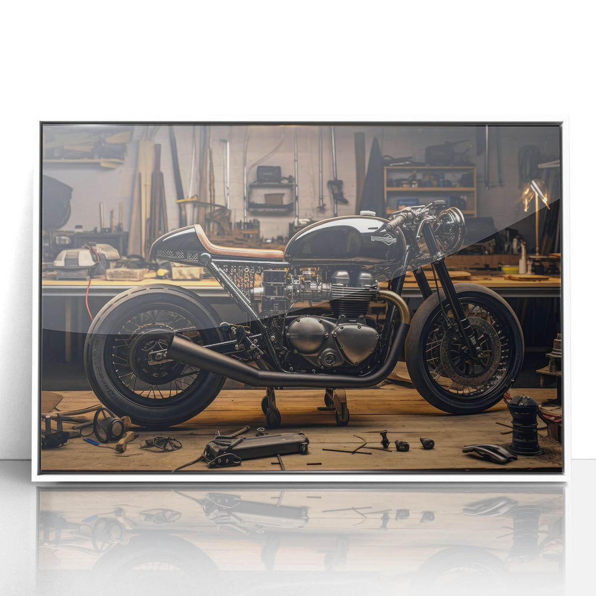 Art deco poster featuring a stylized vintage car in muted silver and blue tones on a canvas.