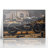 Art deco poster featuring a stylized vintage car in muted silver and blue tones on a canvas.