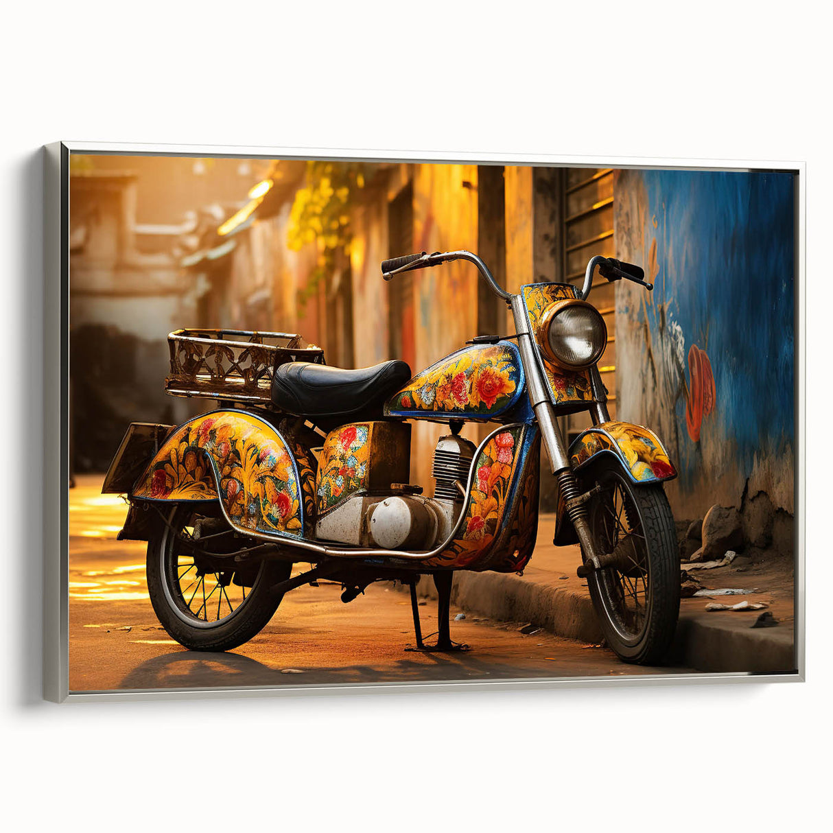 Landscape art painting of a colorful vintage car on a black background, ideal for decorating a modern living room.