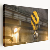 Large art depicting a vintage red car on a rolled canvas, with muted earth tones, ideal for kitchen wall art.