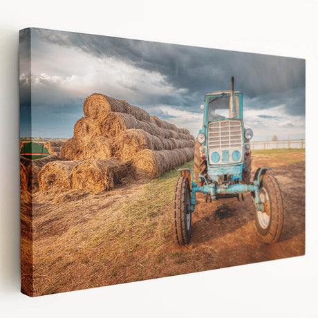 Large art print of a vintage car in muted earth tones on a rolled canvas, ideal for kitchen wall art.