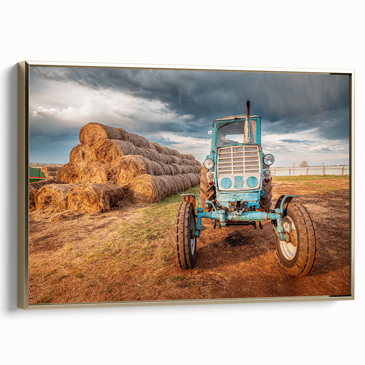 Landscape painting of a vintage car in black and white tones on a framed poster, ideal for bedroom wall art.