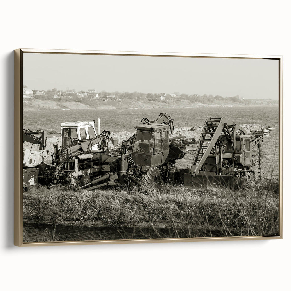 Landscape painting of a vintage car in black and white on a canvas, suitable for bedroom wall art.
