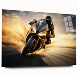 Large abstract wall art print in vibrant orange and blue tones on canvas, ideal for bedroom or dining room decor.