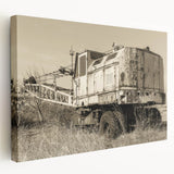 Large canvas print of a vintage car in muted sepia tones, suitable for kitchen wall decor.