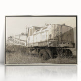 Mid-century modernist art featuring geometric shapes in muted earth tones on a framed poster, ideal for nursery wall decor.