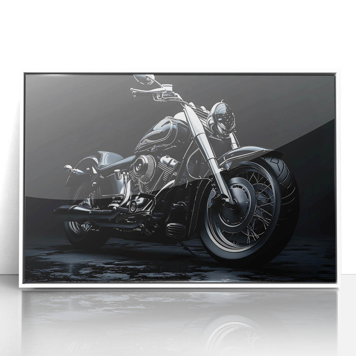 Art deco poster featuring a stylized vintage car in monochrome shades, printed on framed canvas.