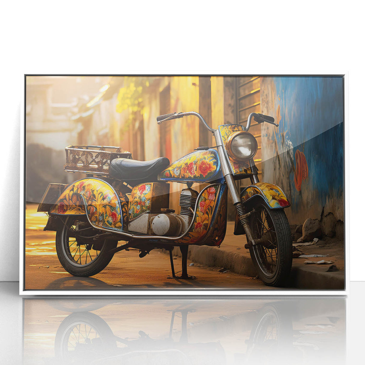 Art deco poster of a stylized vintage car in bold teal and orange colors on acrylic print, suitable for nursery wall art.
